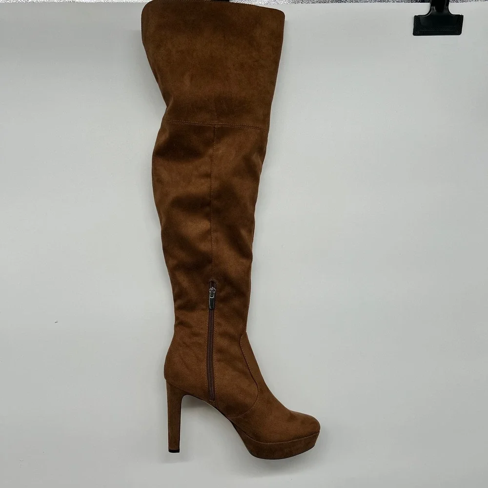 Nine West Cognac Brown Faux Suede Over The Knee Platform Boots Wide Calf 7.5M-WC